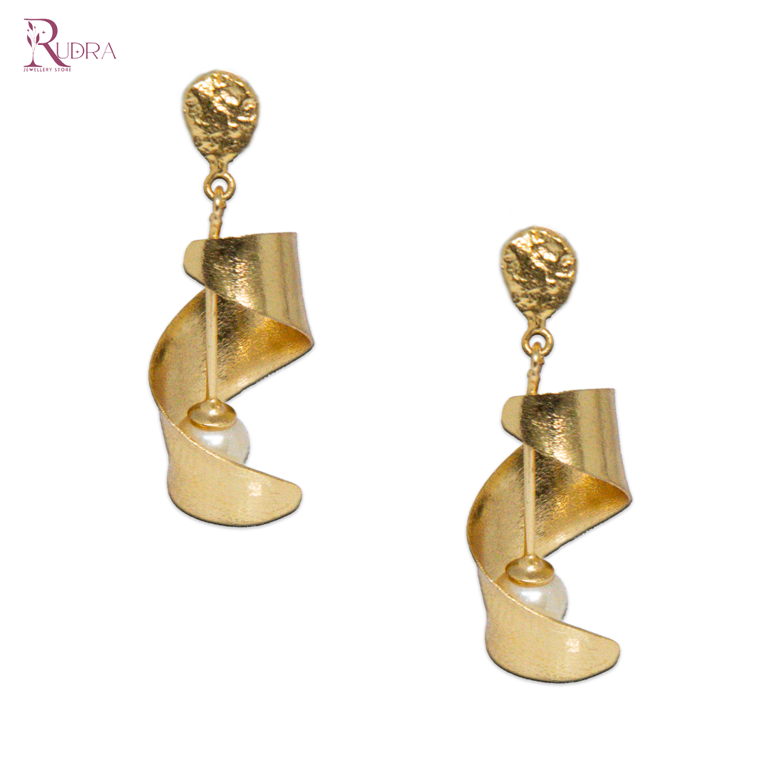 Golden Swirl Drop Earrings with Pearl Accent