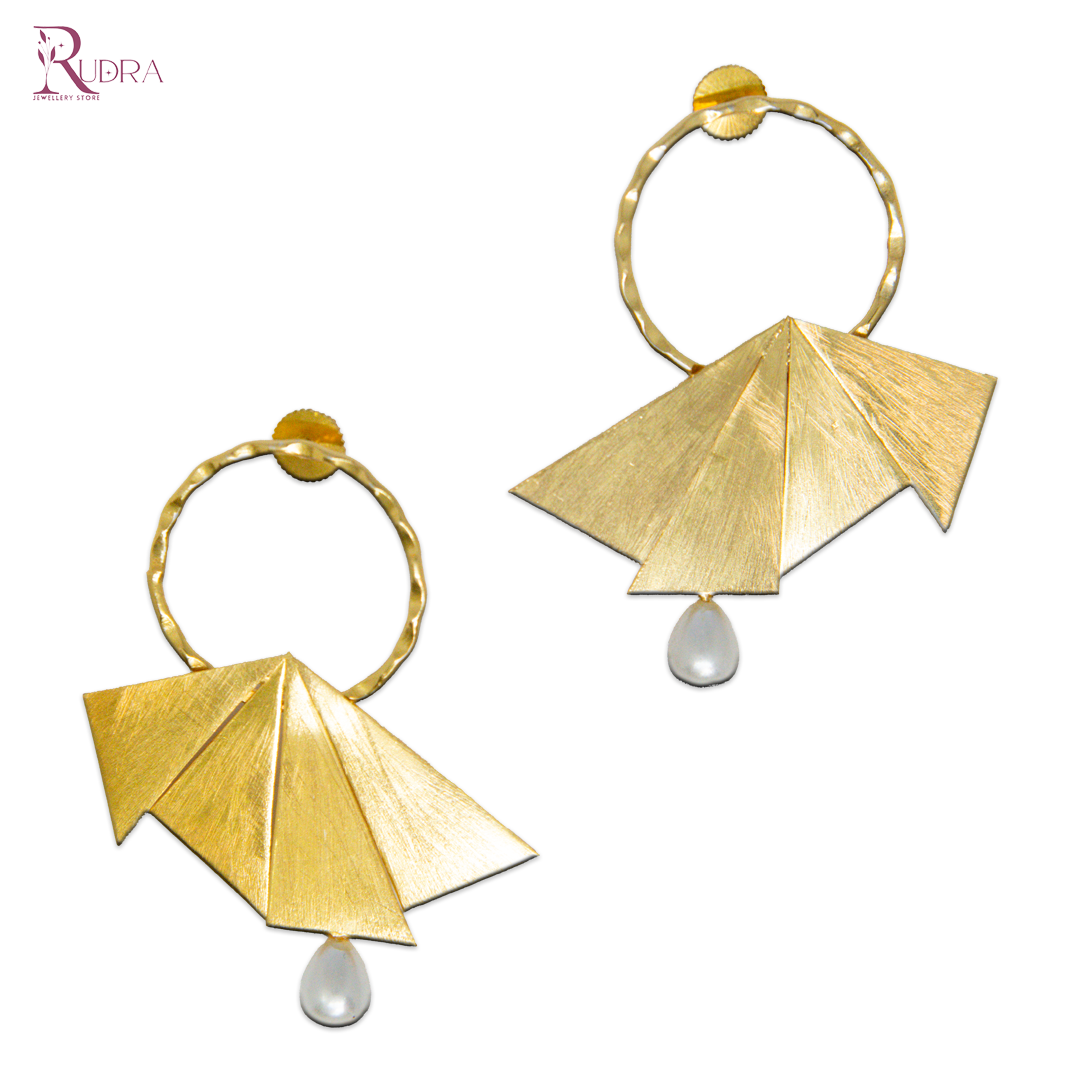 Golden Fan Drop Earrings with Pearl