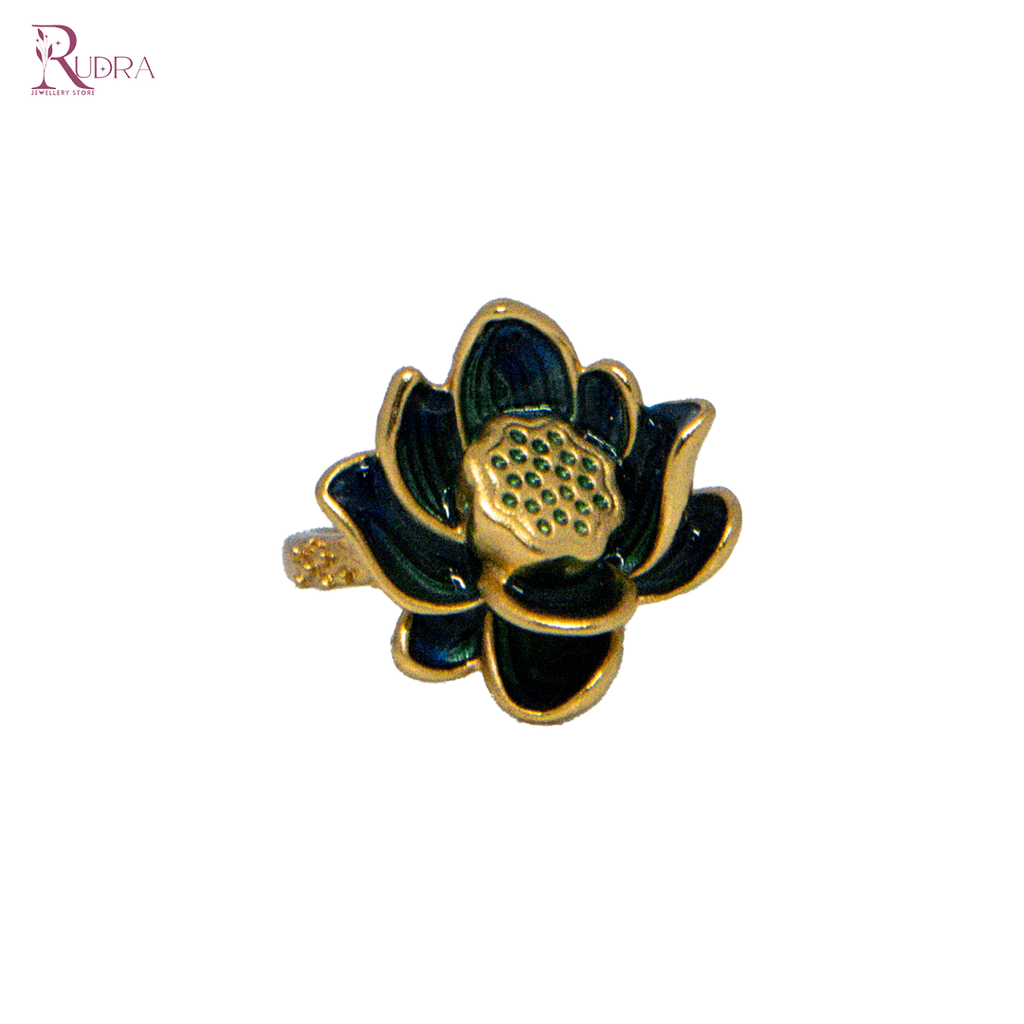 Enchanting Lotus Bloom Gold Ring with Enamel Accents