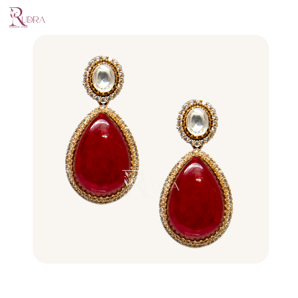Red Kundan Drops with Natural Stone