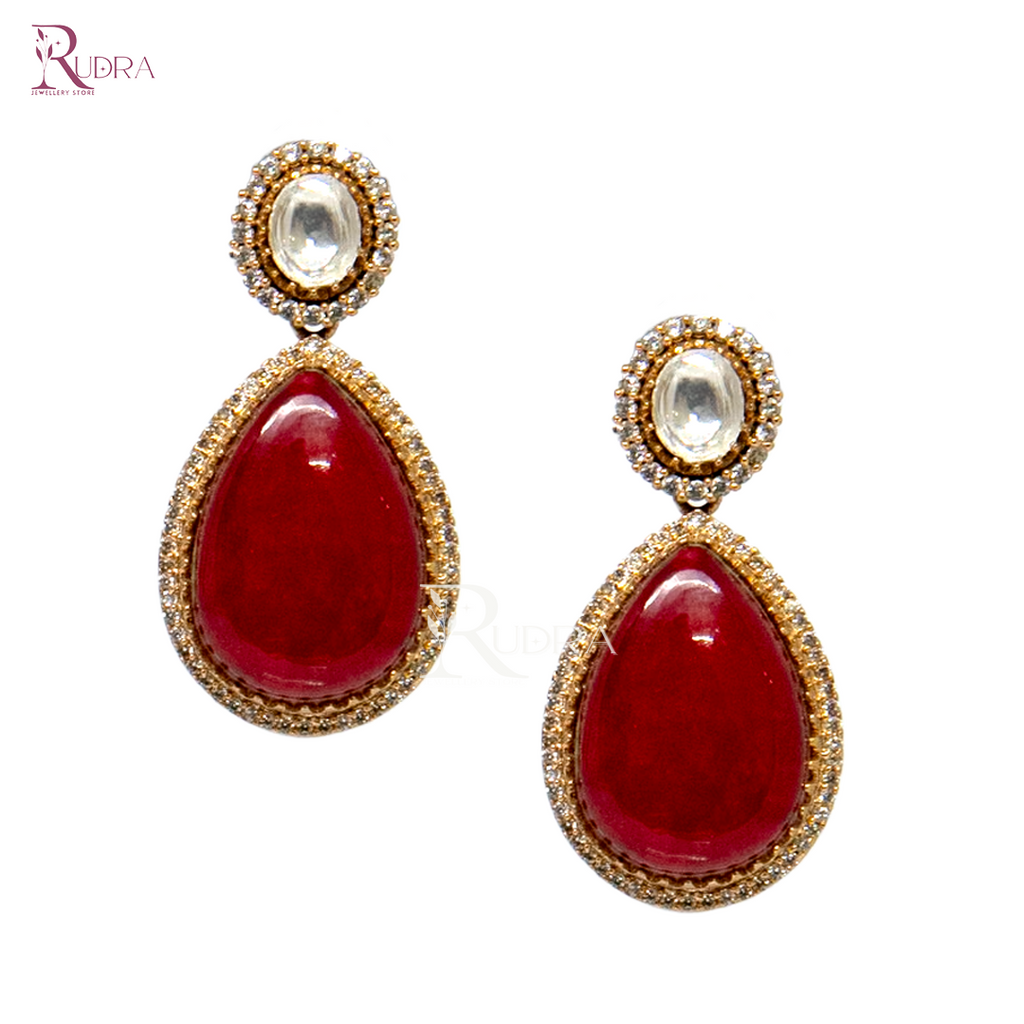 Red Kundan Drops with Natural Stone