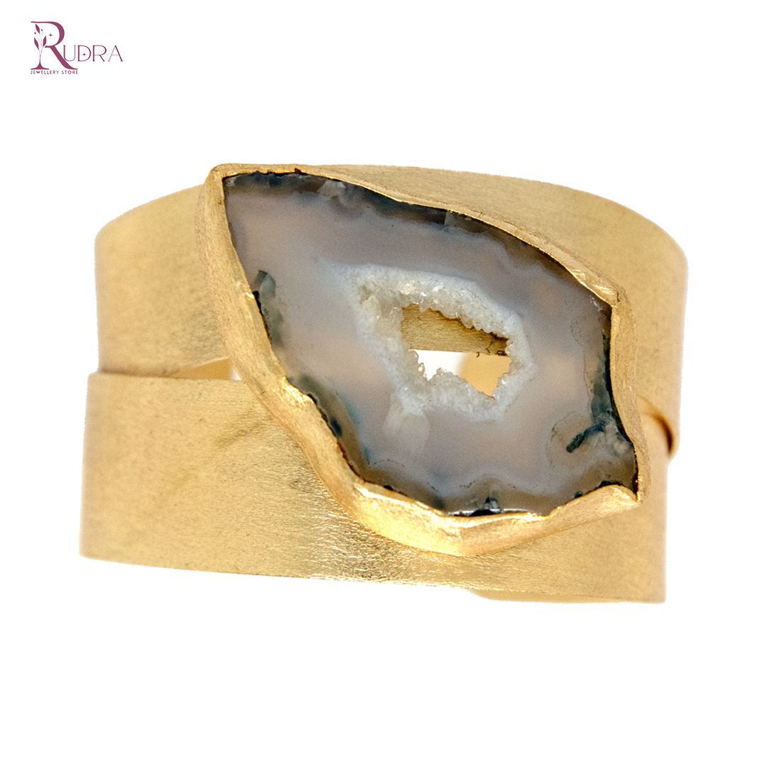 Raw Stone Wrapped Gold Cuff Bracelet