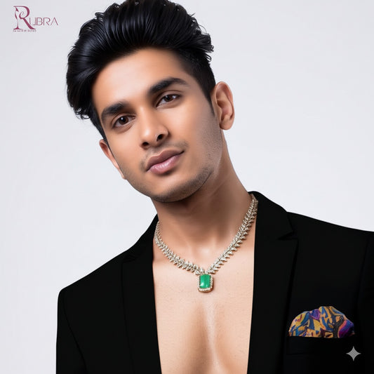 The Regal Emerald Accent: Diamond & Emerald Necklace Set for Men