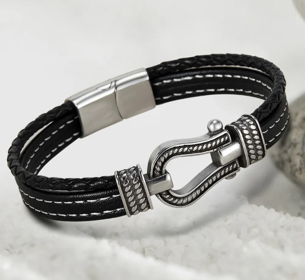 "Leather bracelet band in stainless steel for men celebrity inspire silver platting" 