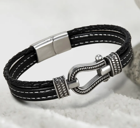 "Leather bracelet band in stainless steel for men celebrity inspire silver platting" 