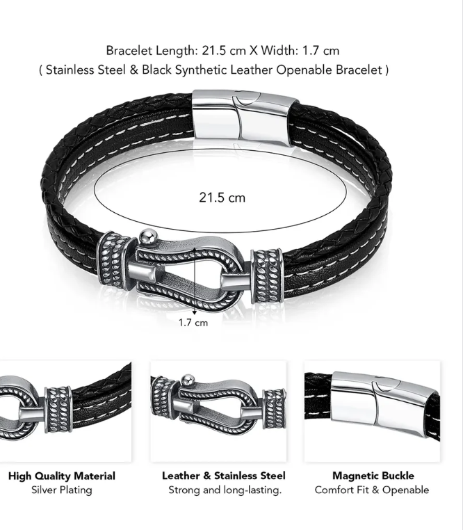 "Men leather bracelet band in stainless steal with premium quality luxury platting"