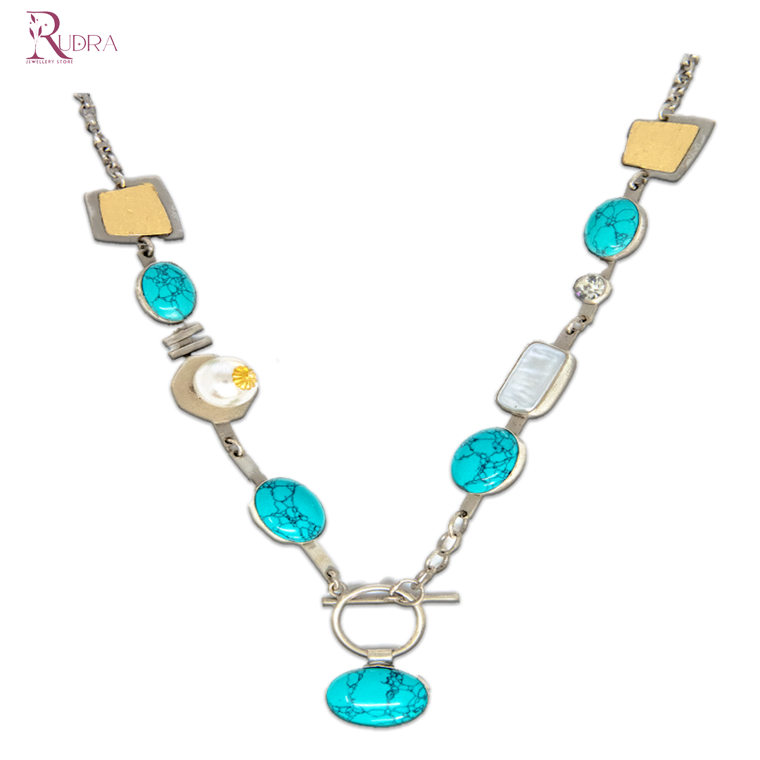 "Men turquoise stone necklace in stainless steel hypoallergenic with silver platting"