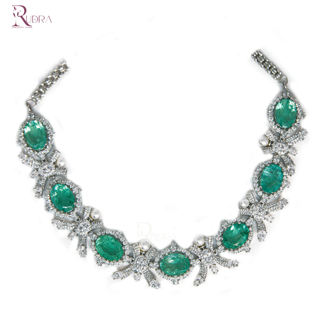 "emerald stone collar necklace for men and women mint green silver plating"